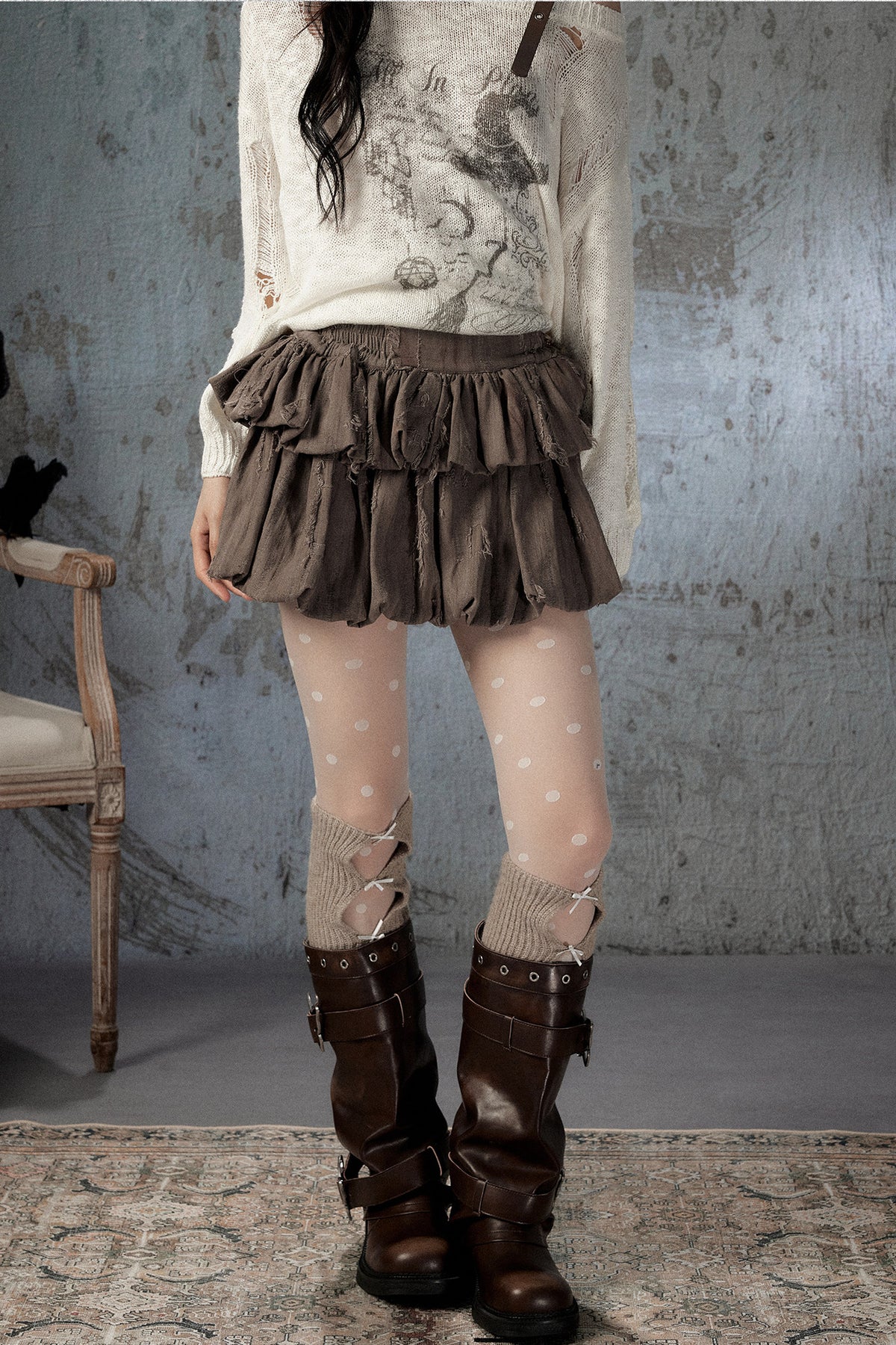 Brown Bud Waist Pleated Skirt