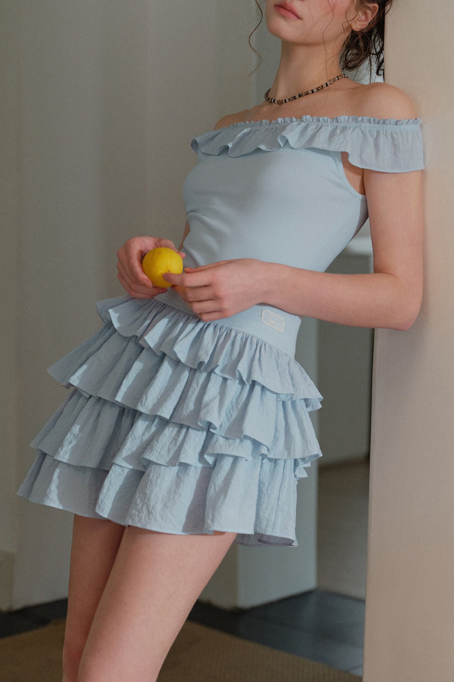 Mist Blue Ruffle Dress and Leggings Set