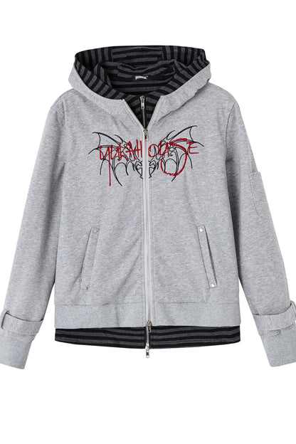 Striped Embroidered Knit Hooded Jacket