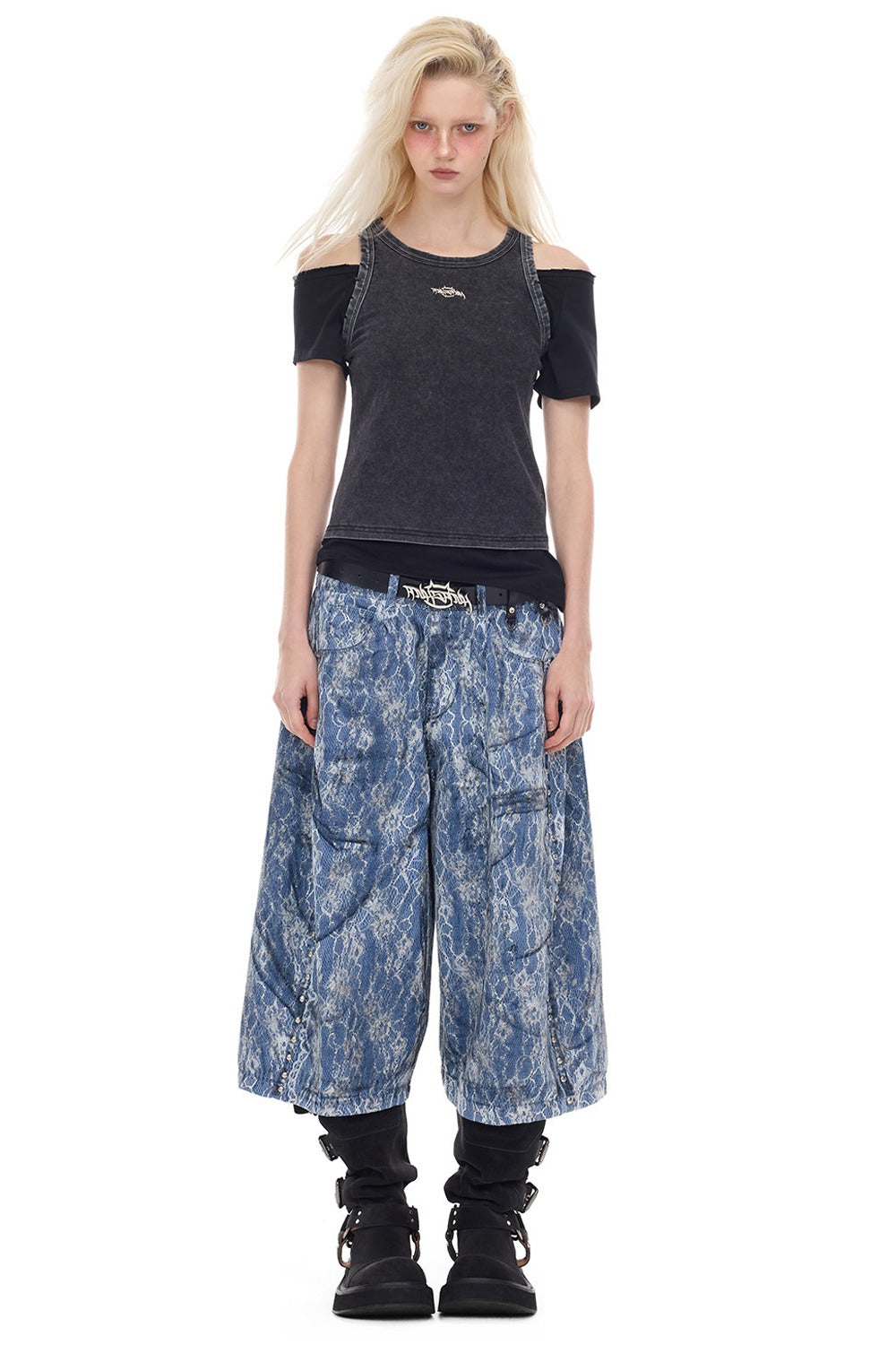 Rivet Structure Lace Denim Wide Leg Shorts