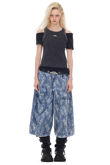 Rivet Structure Lace Denim Wide Leg Shorts