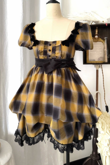 Yellow Plaid Puff Sleeve Dress Set-Up