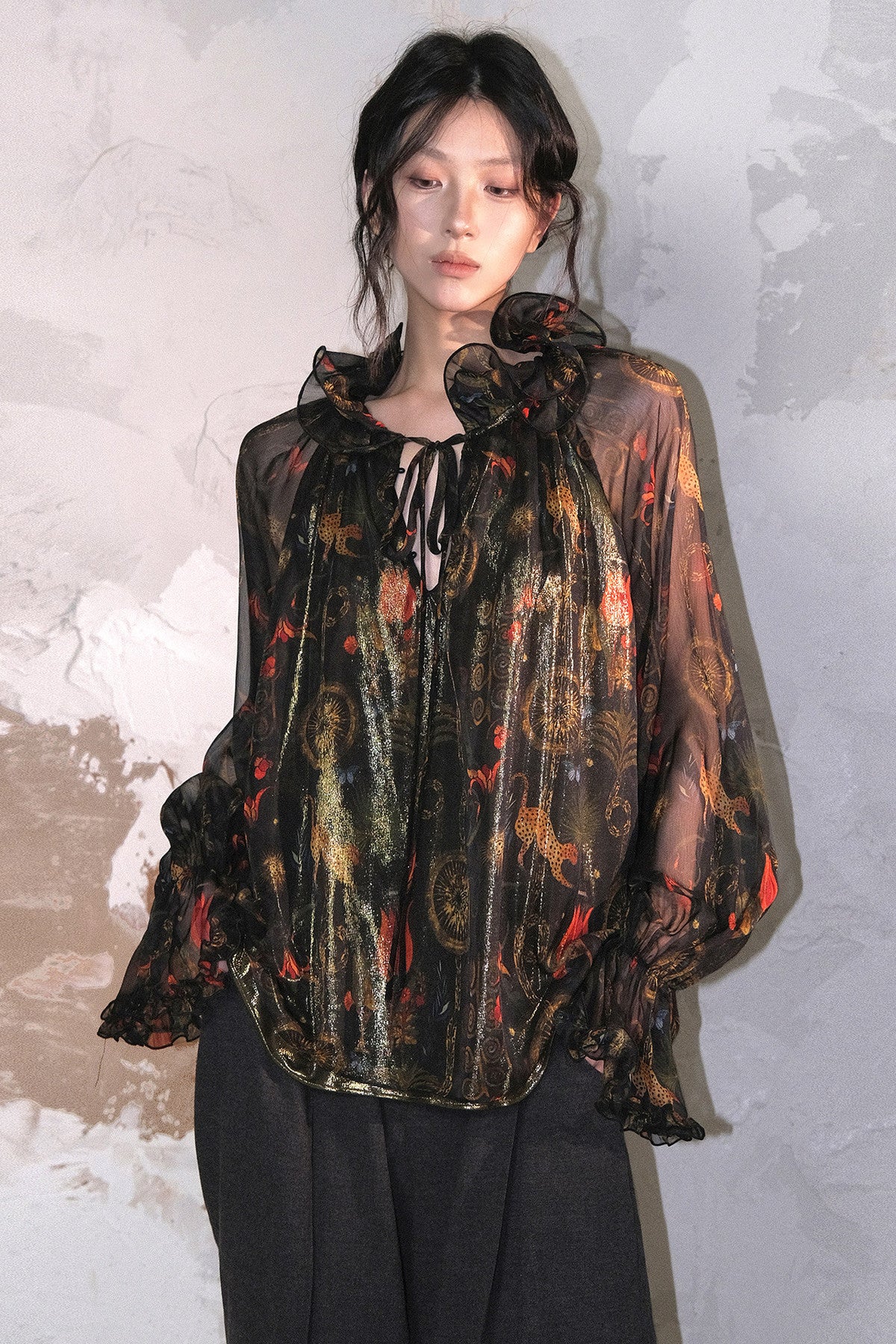 Glossy Printed Ruffle Collar Blouse