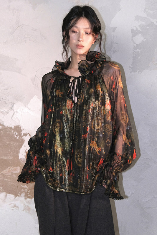 Glossy Printed Ruffle Collar Blouse