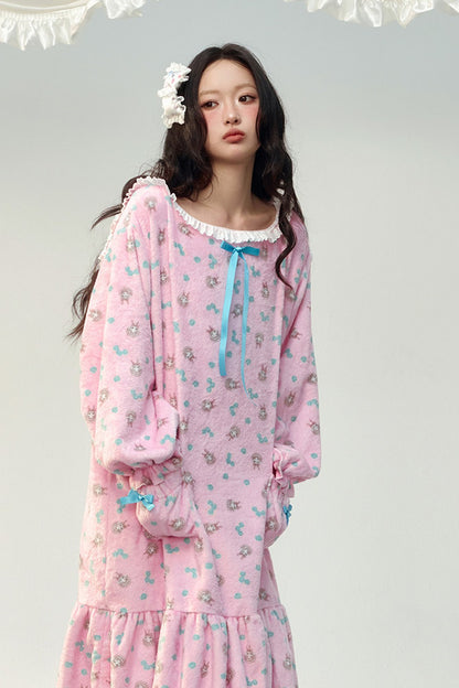 Pink Floral Flannel Ruffled Hooded Robe