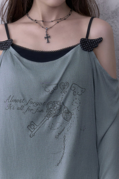 Gray Blue Draped Collar Layered-Look Blouse