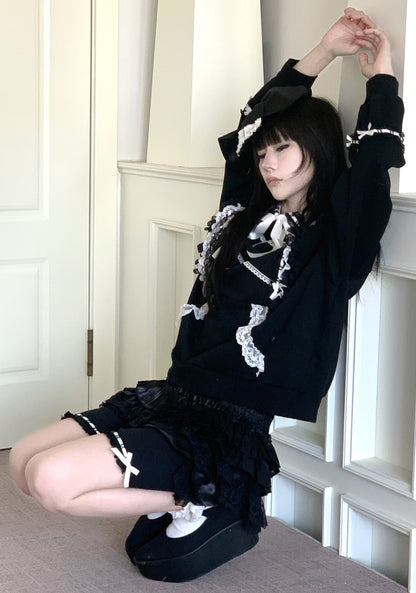 Bow Lace Trim Detachable Collar Sweatshirt and Leggings Set-Up