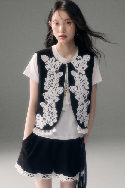 Three-Dimensional Rope Embroidery Floral Tencel Vest and Shorts Set-Up