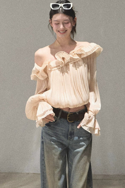 One-Shoulder Ruffle Lantern Sleeve Blouse