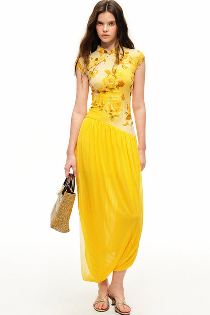 Yellow Rose Print Mesh Qipao Long Dress