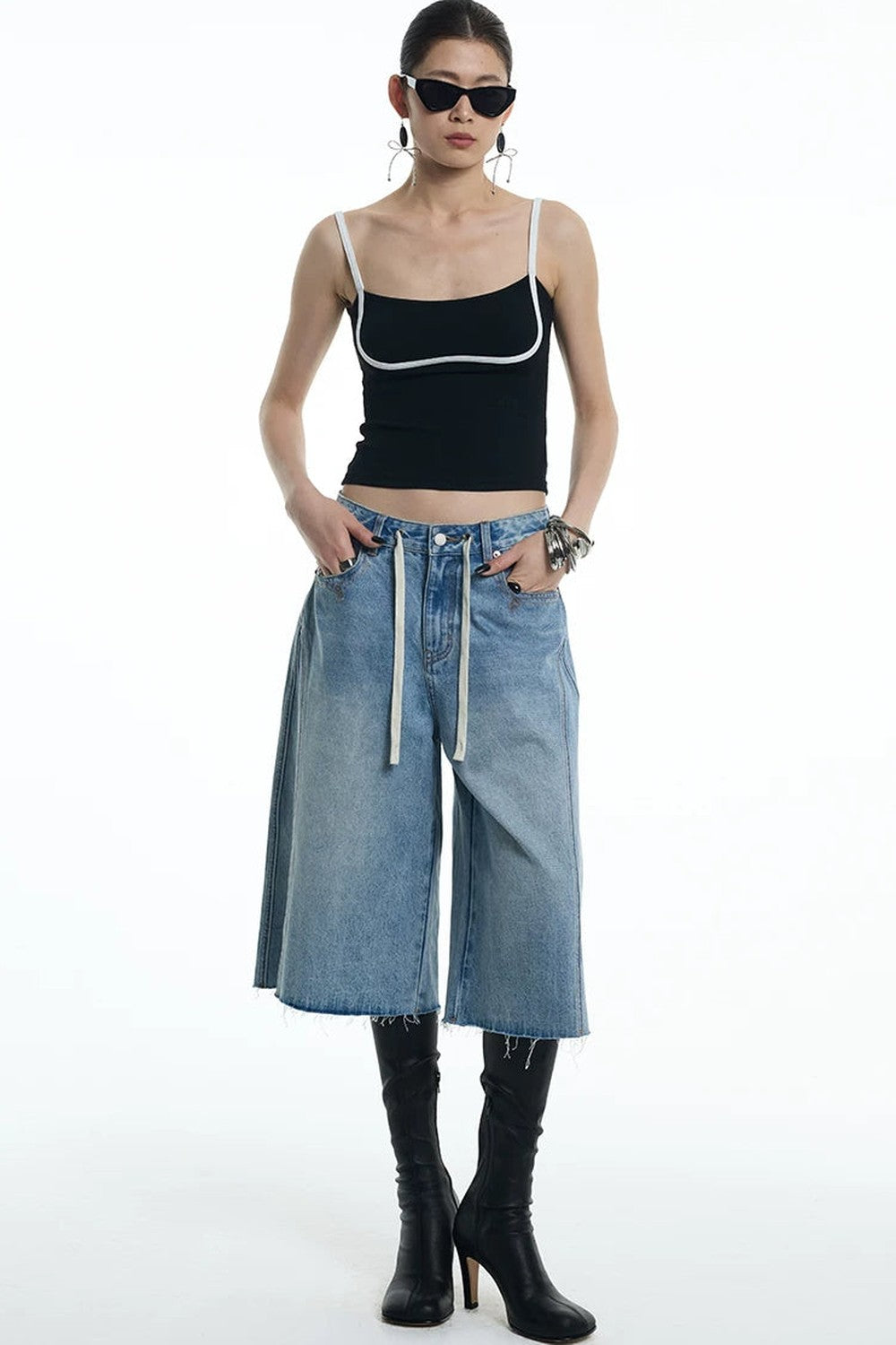Embroidered Denim Mid-Length Pants