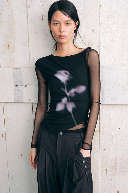 Asymmetric Off-Shoulder Rose Print Mesh Top