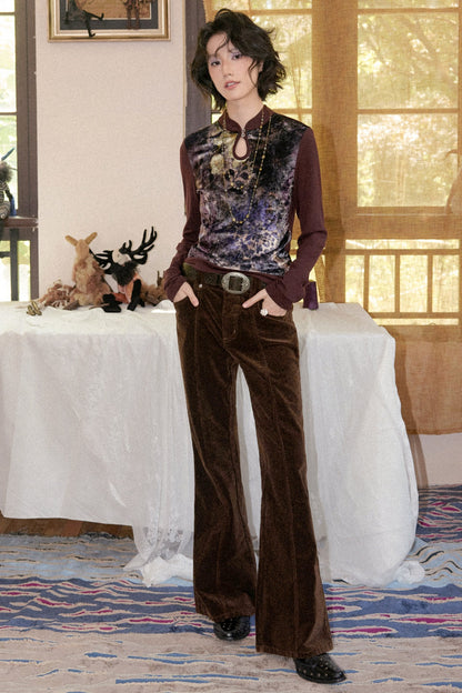 Mandarin Collar Velvet Long-Sleeve T-Shirt