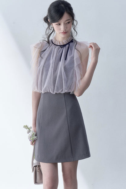 Pleated Mesh Flutter Sleeve Layered-Look Dress