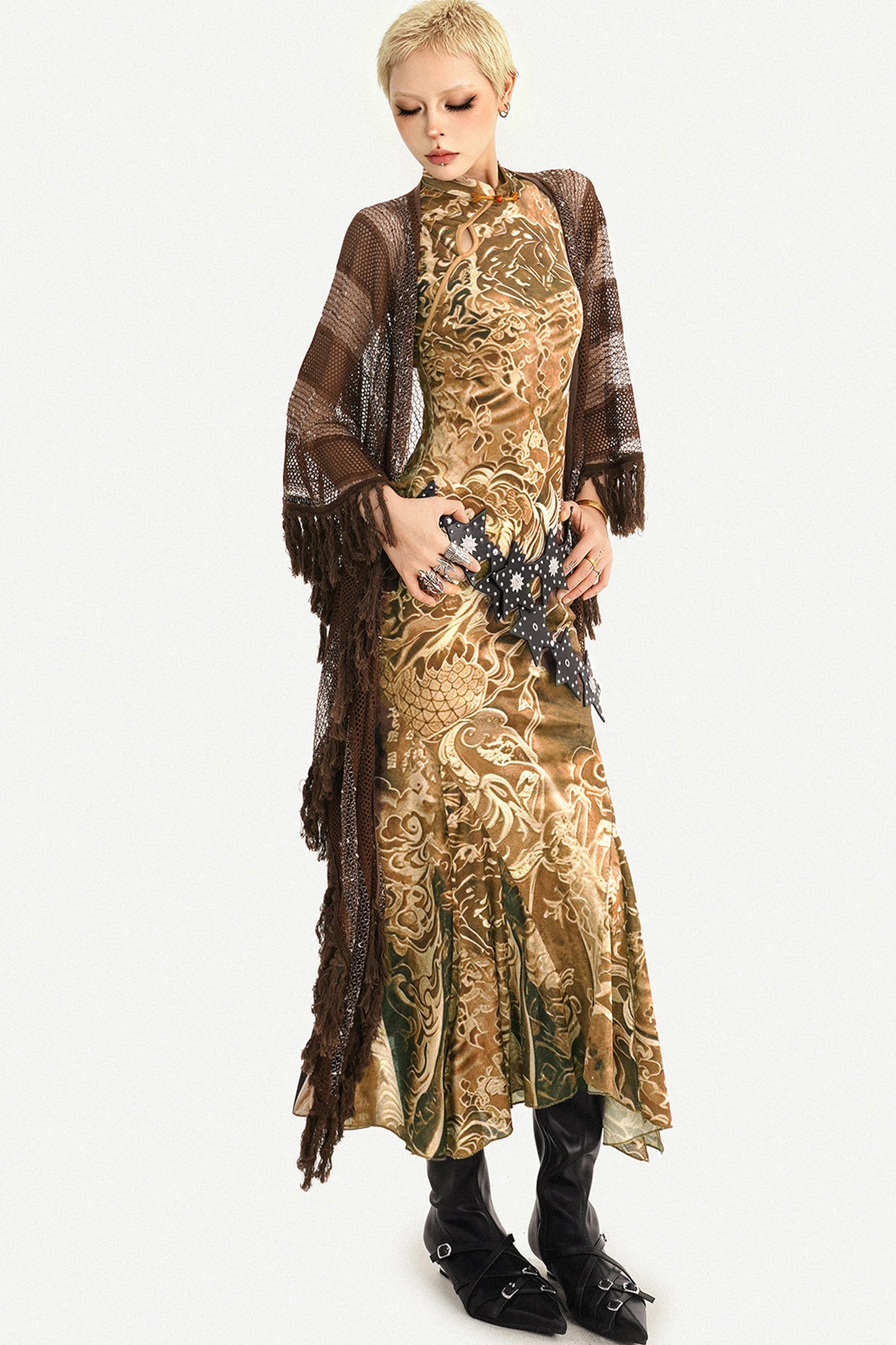 Long Brown Tassel Mesh Cardigan