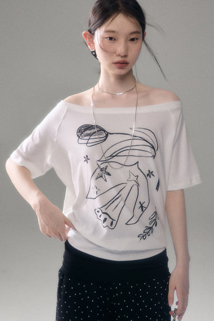 Bird And Tulip Print One-Shoulder Tencel T-Shirt