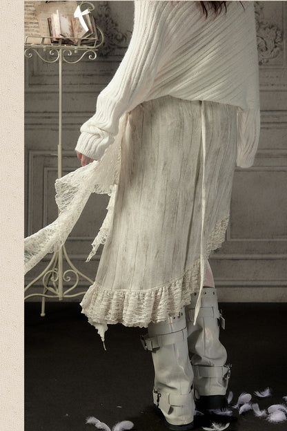 Beige Asymmetrical Lace Spliced Skirt