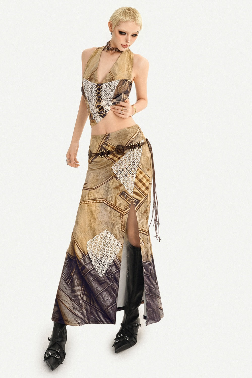 Distressed Patchwork Lace Halter Top