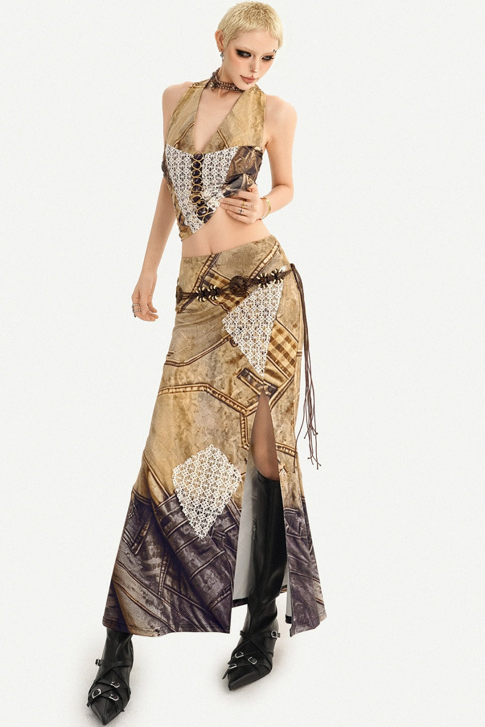 Wasteland Patchwork Lace Halter Top and Skirt Set-Up