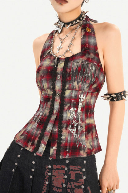 Studded Halter Plaid Camisole