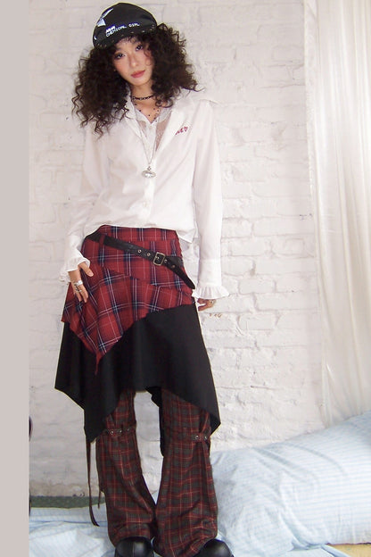 Pointed Collar Lace Print Layered-Look Blouse