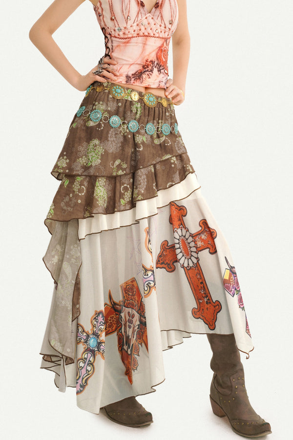 Bohemian Oil Painting Print A-Line Long Skirt