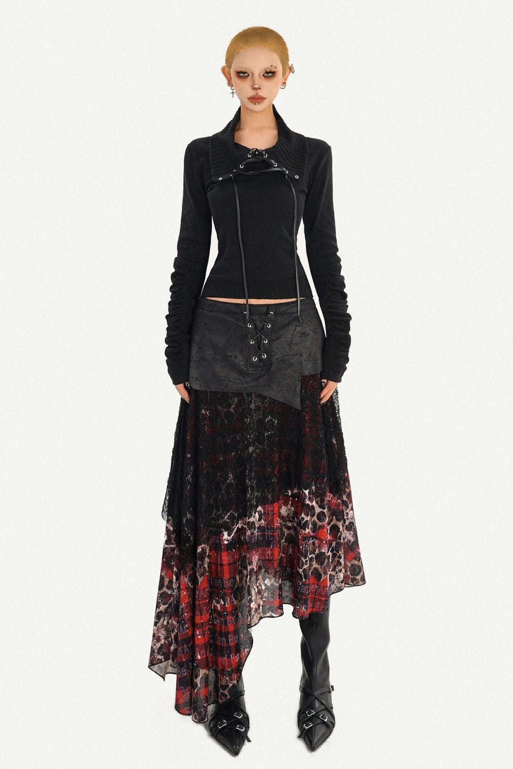 Dark Red Plaid Mesh Skirt and Top Set