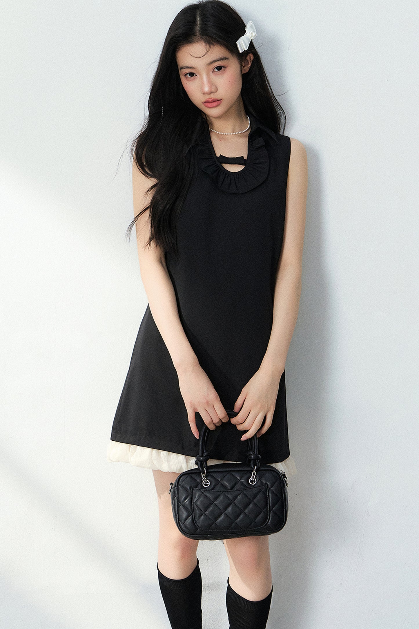 Bowknot Ruffle A-Line Black Dress
