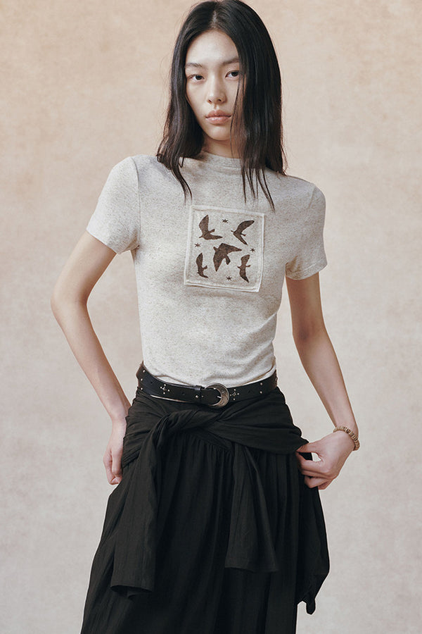 Bird Print Linen Texture T-Shirt