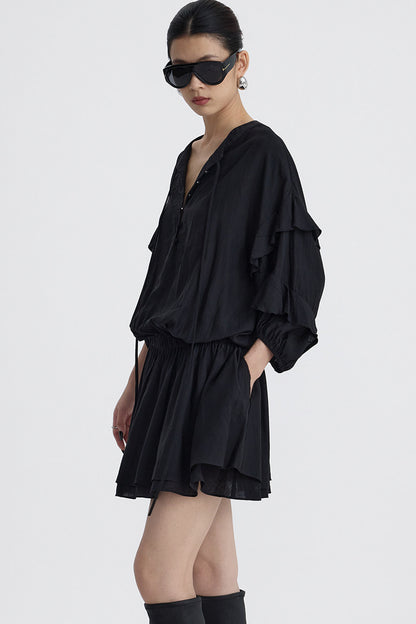 Black V-Neck Ruffle Lantern Sleeve Dress