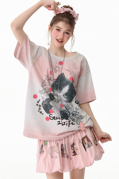 T-Shirt mit rosa Farbverlauf und Katzenprint