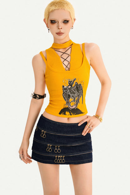 Yellow Sleeveless Lace-Up Graphic Tank Top