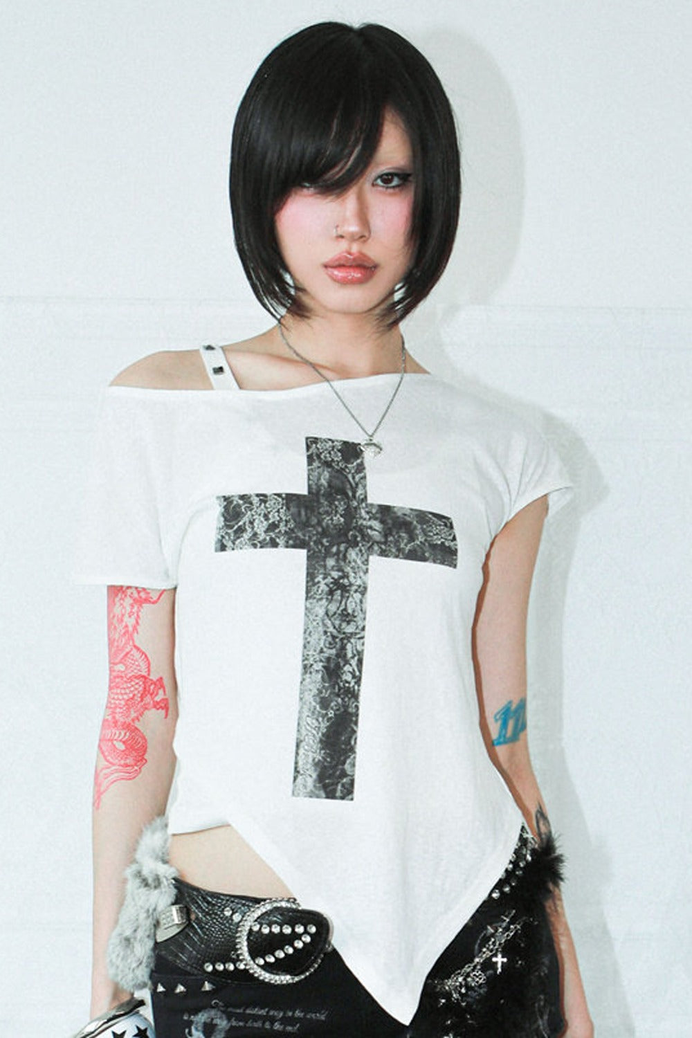 One-Shoulder Cross Print Studded Top