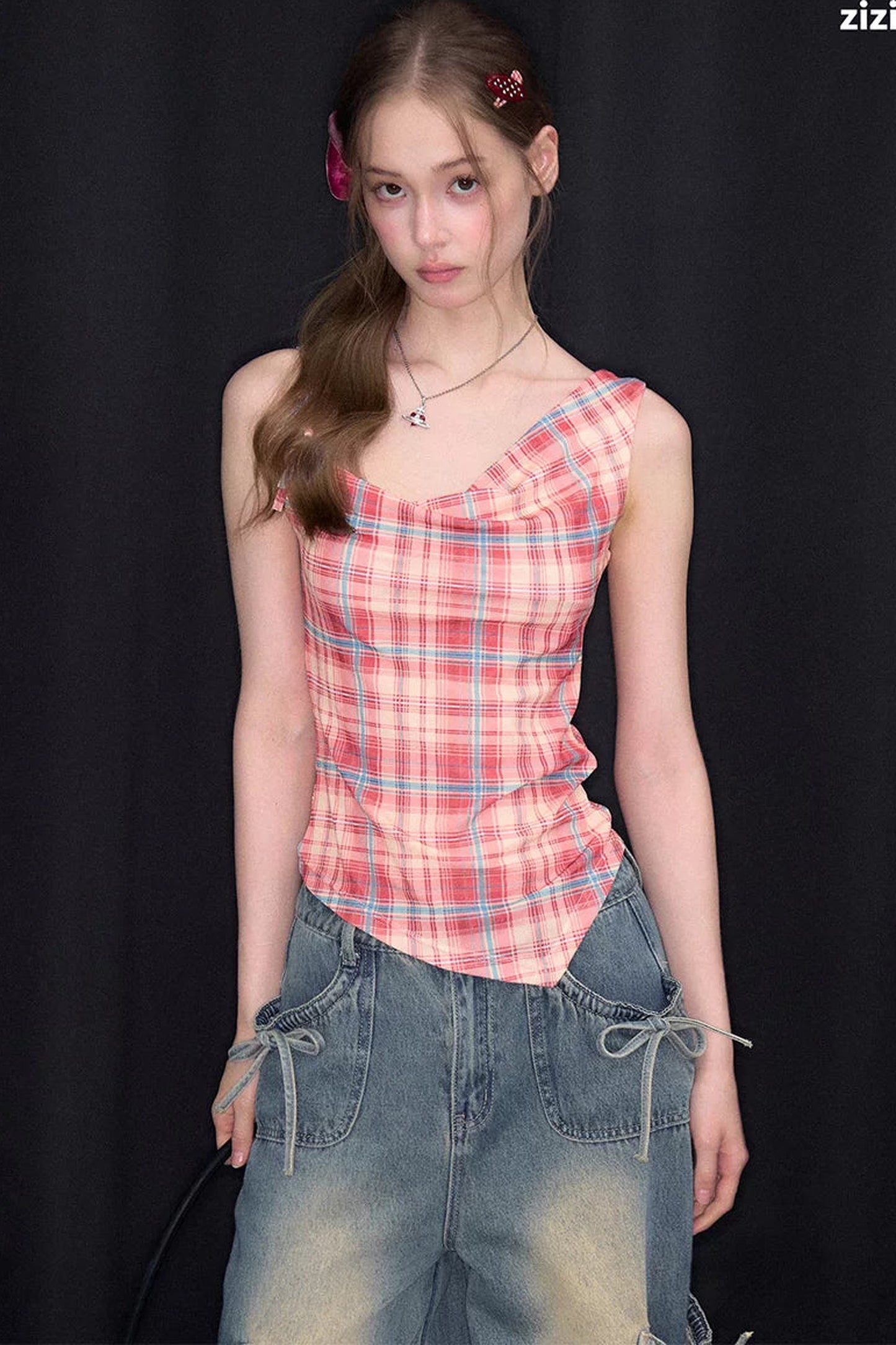 Sweetness Red Plaid Bowknot Tank Top