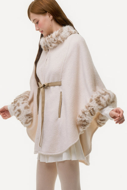 Leopard Print Fur Spliced Wool Cape