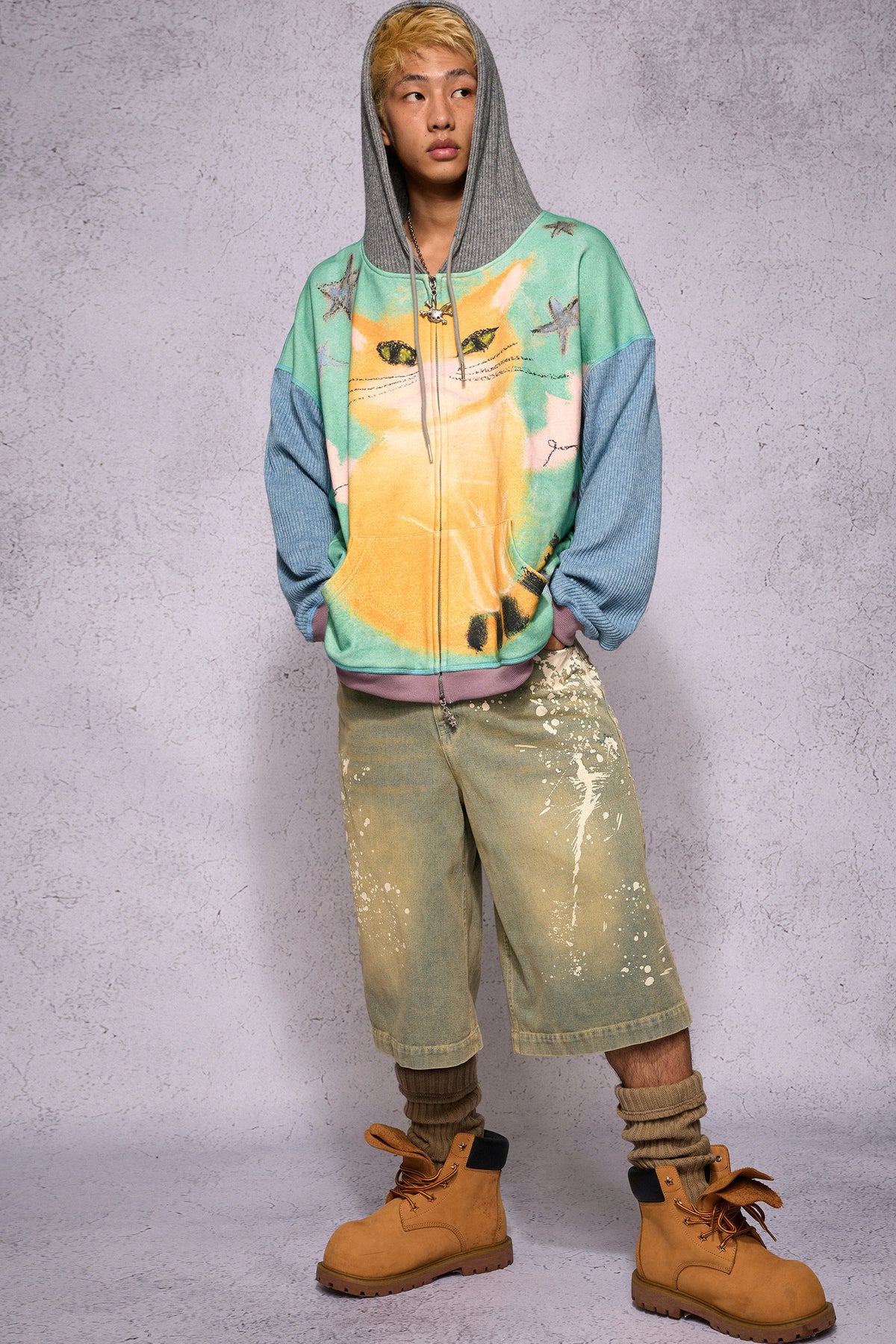 Cat Print Patchwork Sweatshirt Jacket
