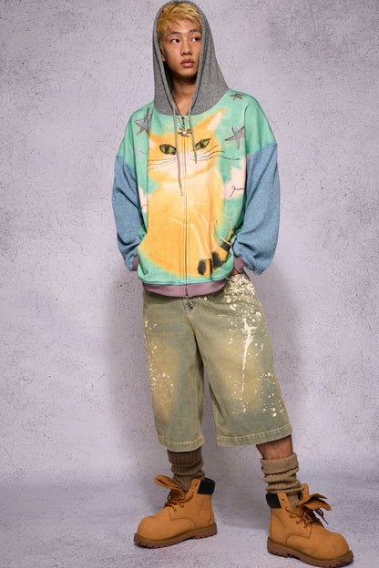 Cat Print Patchwork Sweatshirt Jacket