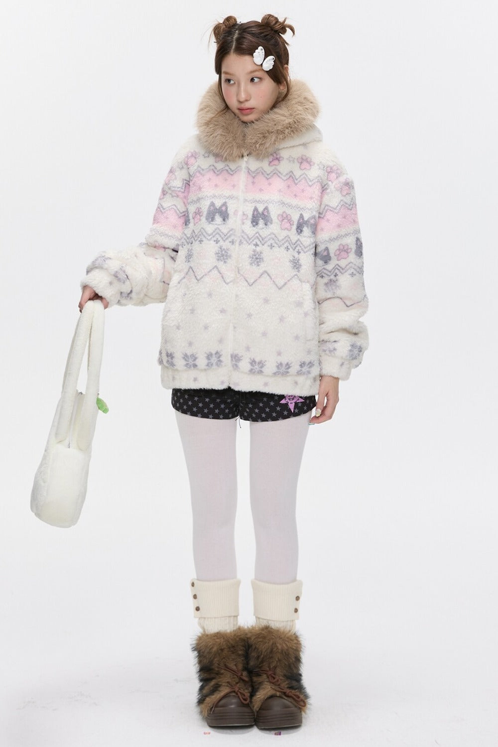Beige Lamb Wool Fur Collar Jacket