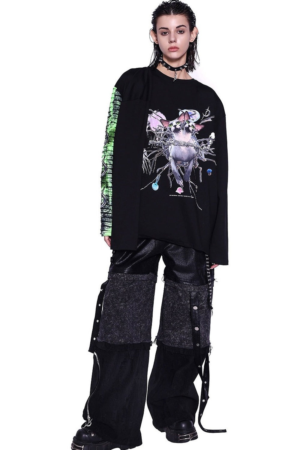 Cat Print Long-Sleeve T-Shirt