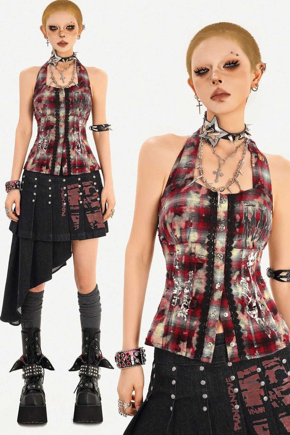 Studded Halter Plaid Camisole
