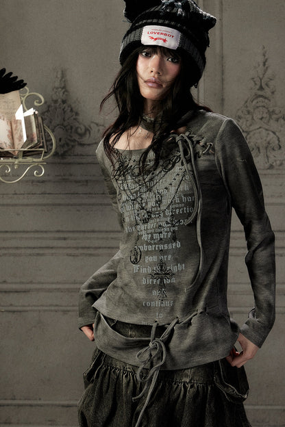 Letter Print Layered-Look Off-Shoulder Long-Sleeve T-shirt