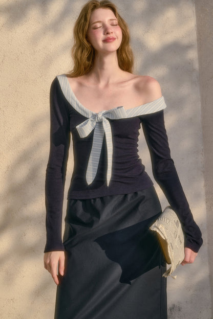 Off-Shoulder Big Bow Knit Top