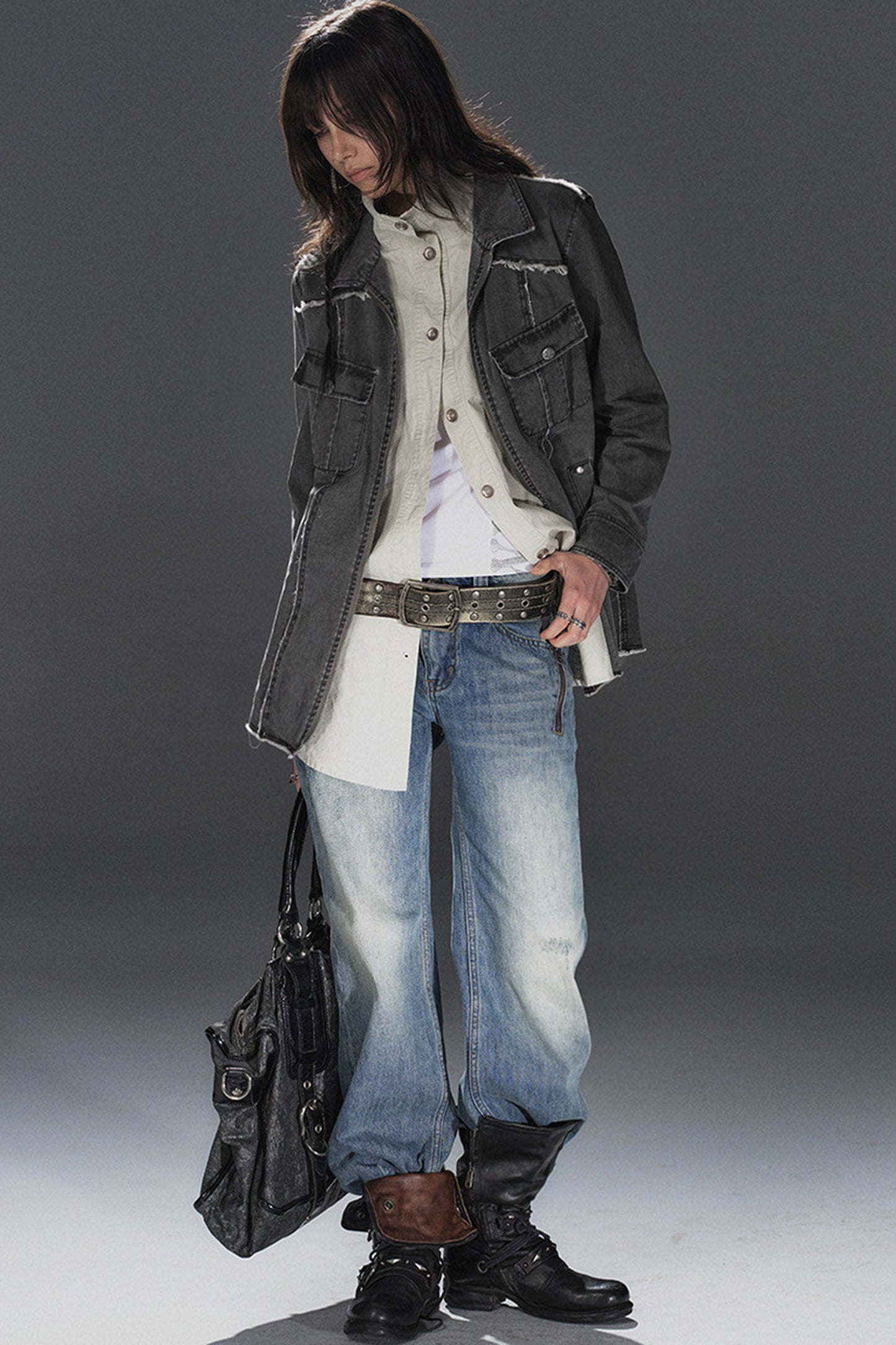 Veste mi-longue effet superposé effilochée