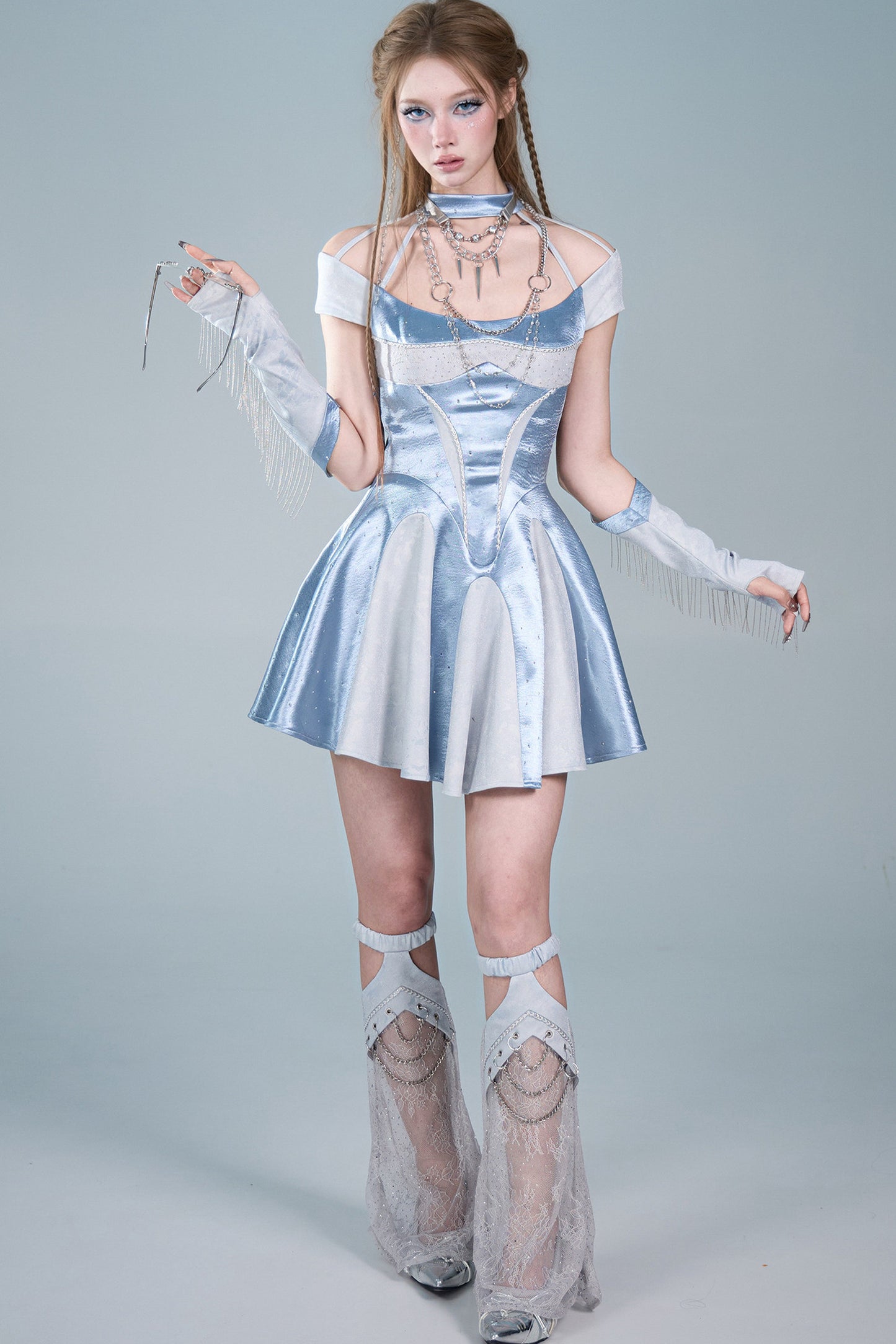 Y2K Blue Satin Halter A-Line Dress Set-Up