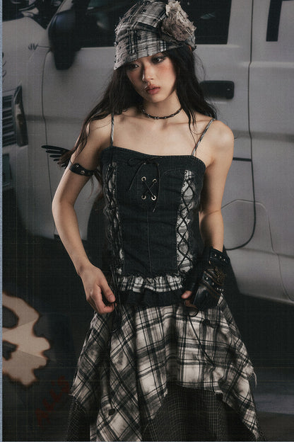 Plaid Splicing Ruffled Denim Camisole Top