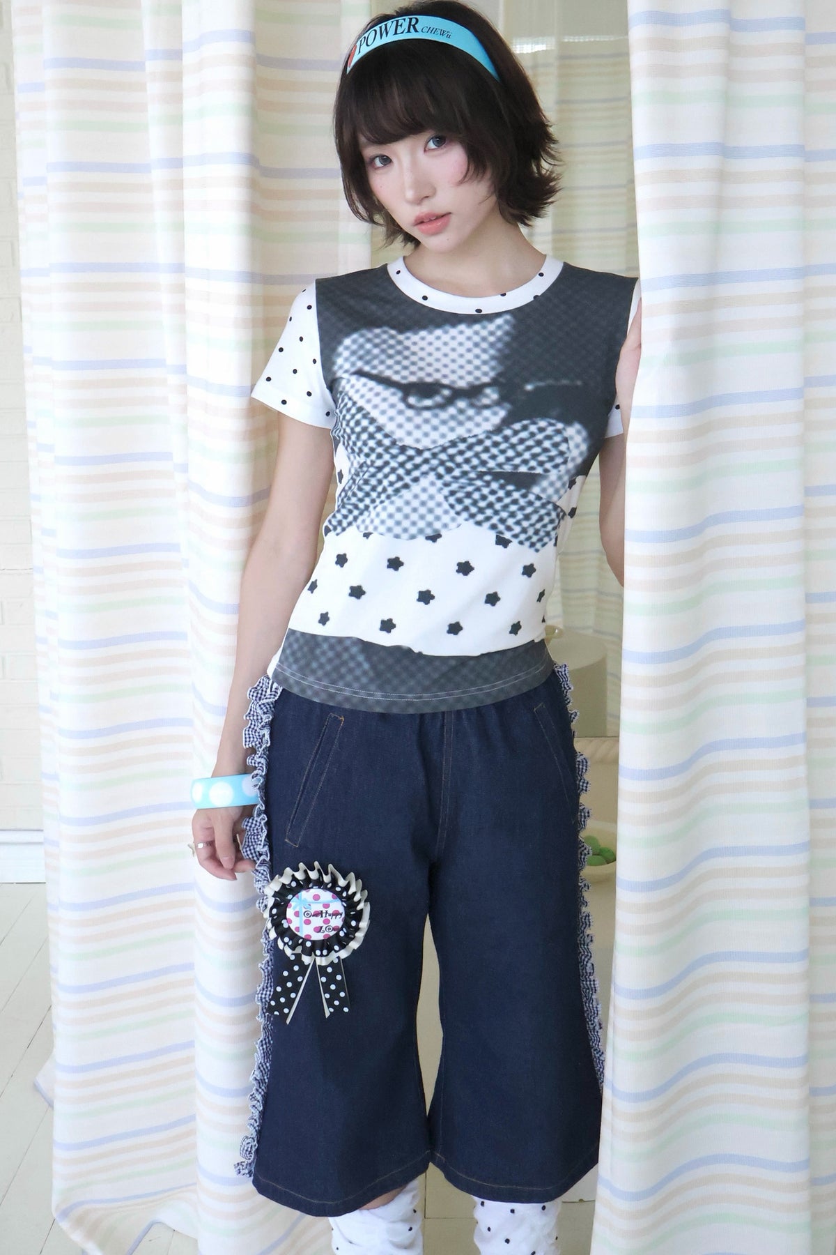 Cat Print Polka Dot T-Shirt