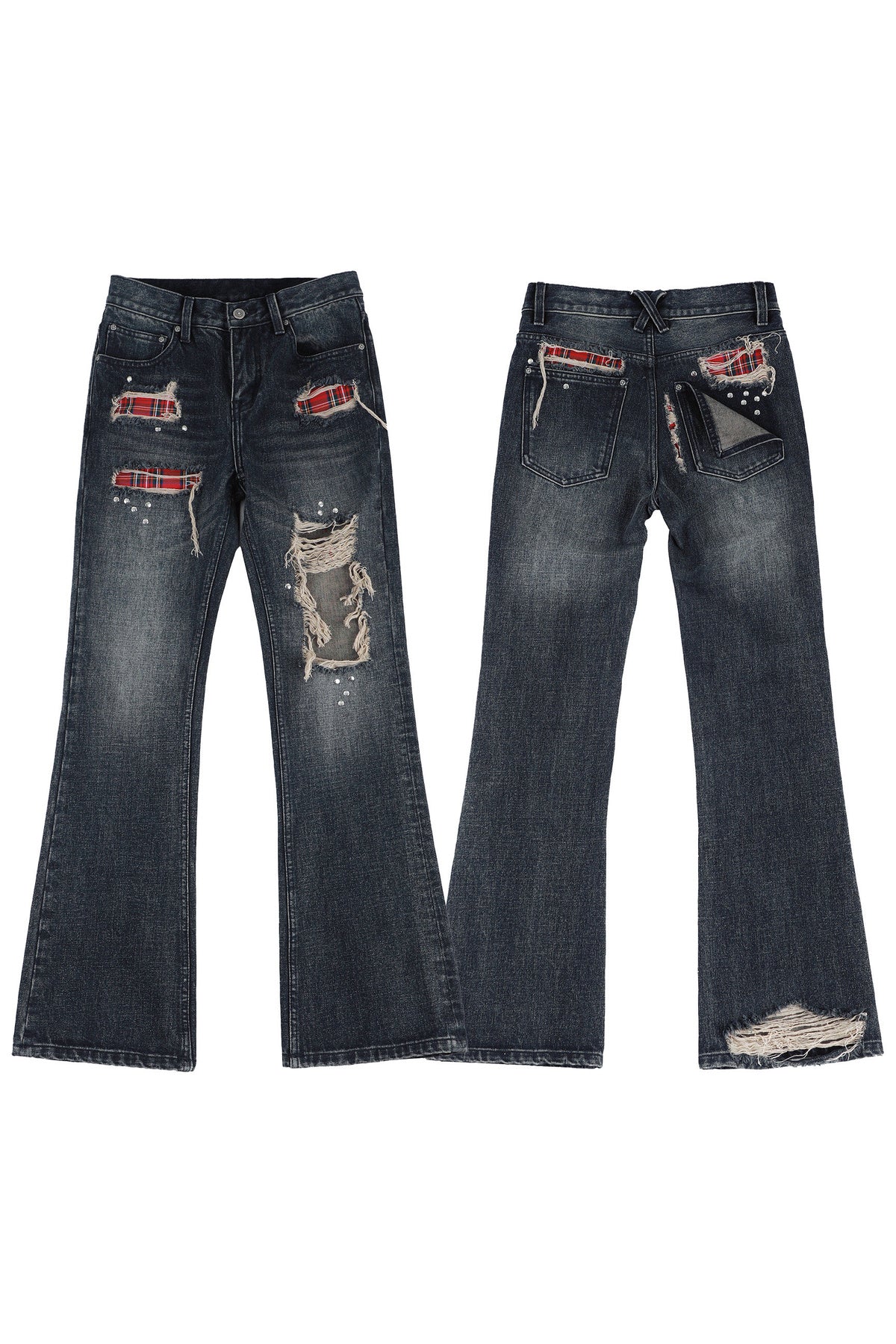 Distressed Plaid Patch Flared Jeans