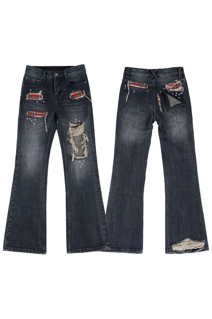 Distressed Plaid Patch Flared Jeans