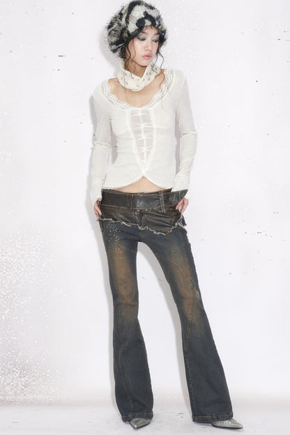 Leather Patchwork Rhinestone Flared Jeans