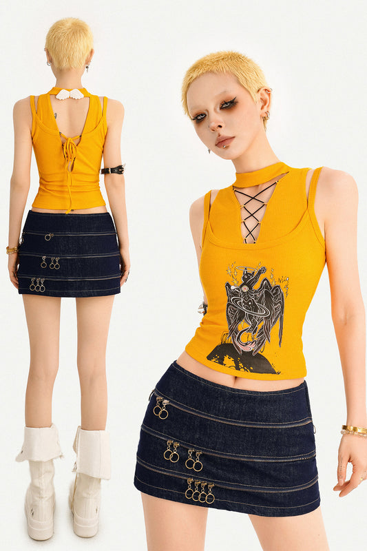 Yellow Sleeveless Lace-Up Graphic Tank Top